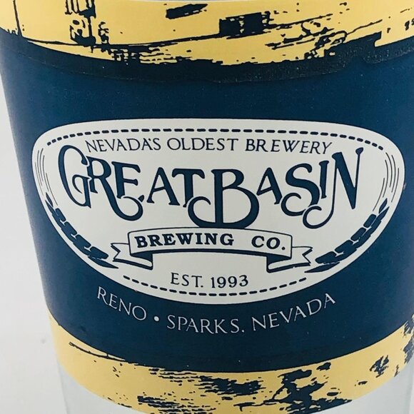 Great Basin Brewing co. blue and yellow design, solid glass cup, blue white READ - Picture 2 of 6